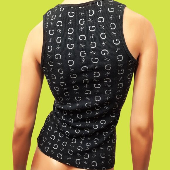 Y2K Guess Jeans black Ribbed Tank Top size S Silver Glitter Logo Monogram Print - Picture 5 of 6
